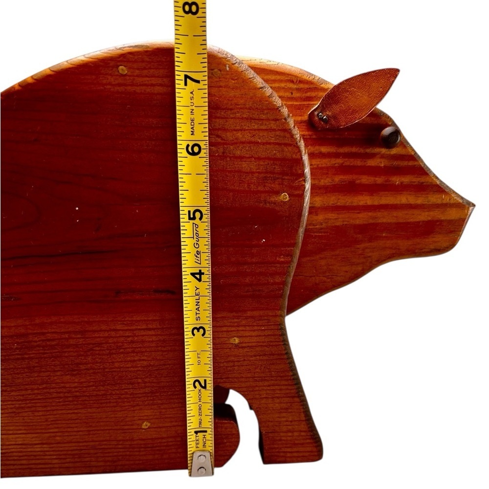 Vintage PIG PIGGY BANK Wood HandMade Coin Bank Folk Art Leather Ears & Tail - Picture 6 of 8
